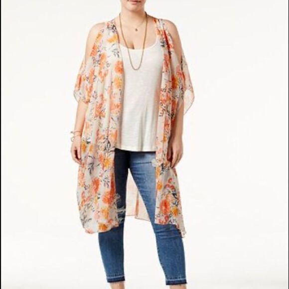 American Rag Chiffon Geranium Floral Cold Shoulder Open Front Kimono Cover Up 1X - Picture 1 of 11